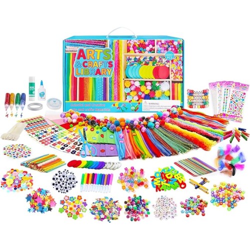 3000 Pcs+ Colorful Arts & Crafts DIY Kit – Pom Poms, Pipe Cleaners, Wooden Beads, Glitter Pom Poms, Googly Eyes for Children's Creative Fun!